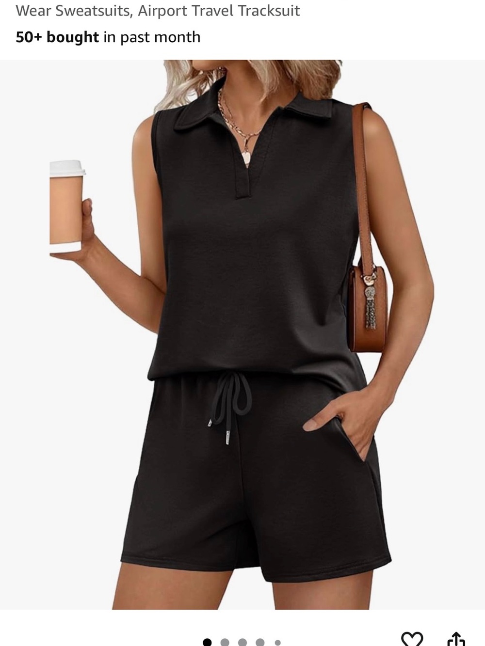 Relaxed Collared Drawstring Track Shorts Set - Black - Picture 1 of 4